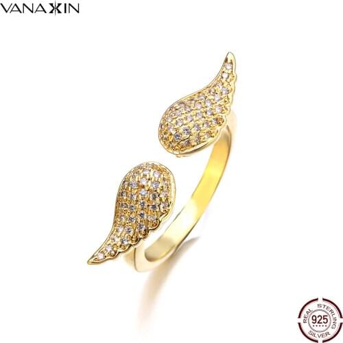 VANAXIN Angel Wings Ring S925 Sterling Silver Ladies Fashion Jewelry Adjustable 18K Gold-plated Anniversary gift