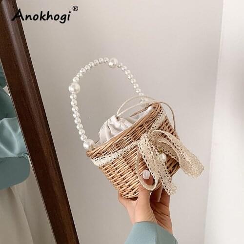 Vintage Bohemian Style Women Casual Rattan Shoulder Bag Pearl Handle Ladies Summer Bag ML152