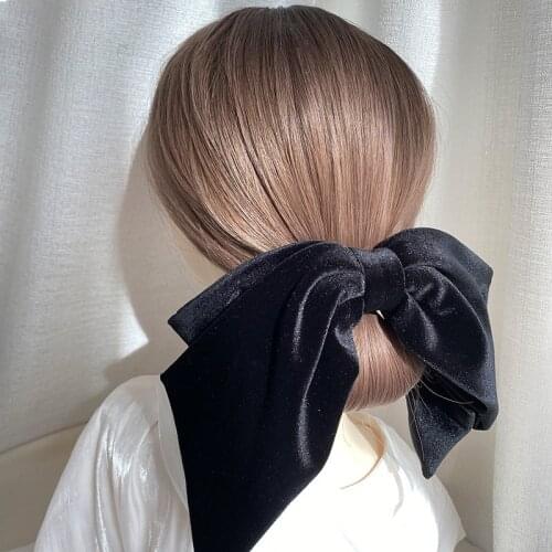 2021Vintage Black Big Large Velvet Barrette Bow Hair Clip For Women Girls Wedding Long Ribbon Korean Hairpins Hair Accessories