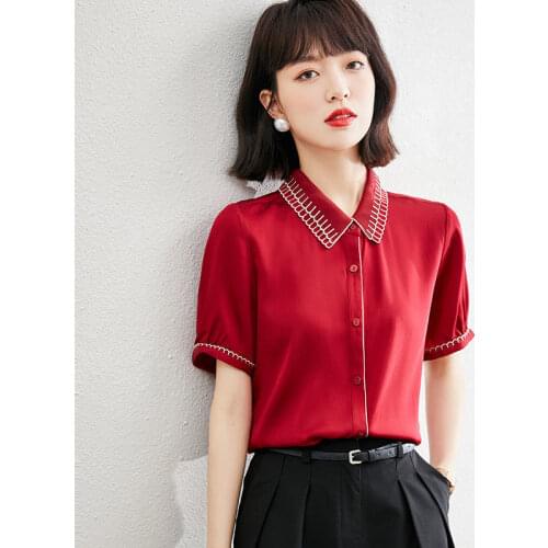 Women Shirts Short Sleeve Temperament Polo-Neck Elegant All-Match Blouses Summer Solid Color Loose Blusas Tops MM0740