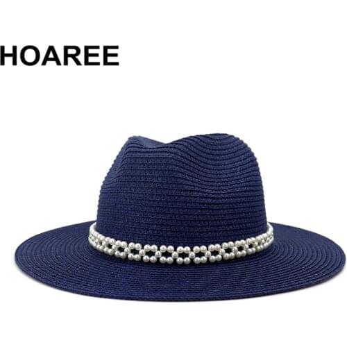 HOAREE Navy Panama Hat Stylish Pearl Summer Beach Ladies Trilby Wide Brim Hat Straw Sun Hats for Women Jazz Fedora Hat