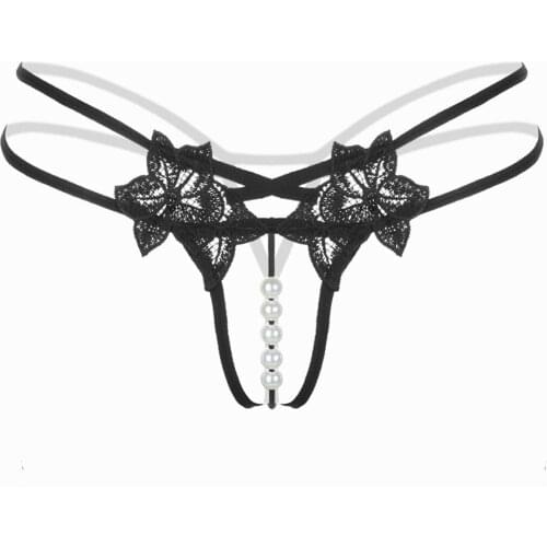 Women Sexy Lace Open Panties Crotch Thong G-strings With Pearls Massaging Bead Crotchless Underwear Lingerie Toys Female #W3