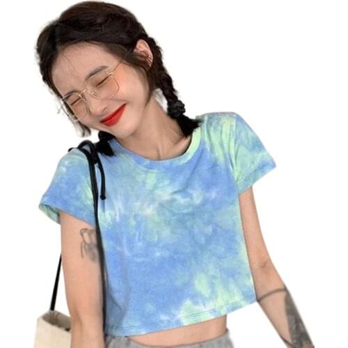 Women Tie Dye Short Sleeve T Shirts Holiday Club Sexy Casual Crop Tops Fashion Colorful Print Streetwear