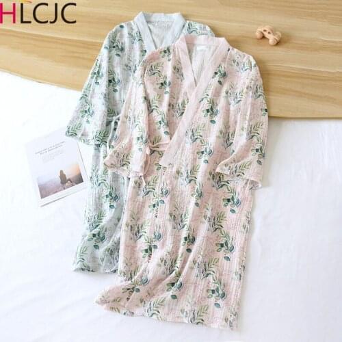 Womens Kimono Nightgown 100% Cotton Gauze Crepe Womens Robe Spring Thin Bathrobes Knitted Printing Sleepwear Long Sleeve Robes