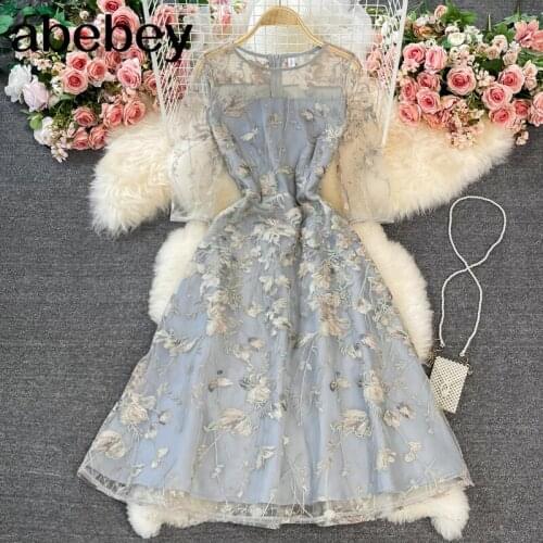 2021 New Summer Temperament O-neck long sleeve Dress high waist pleated waist heavy work embroidery mesh patchwork Dress