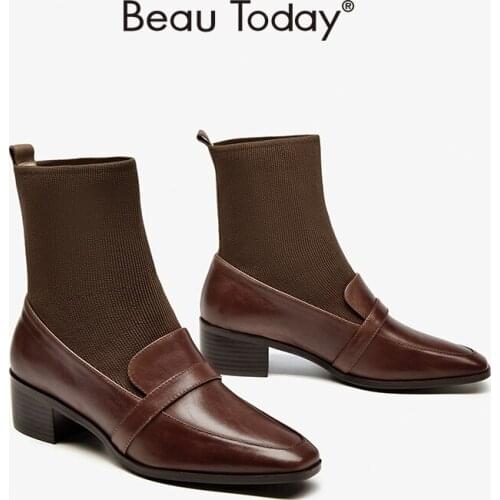 Winter Women Sock Boots Ankle Length Cow Leather Fabric Knit Square Toe Fashion Slip-On for Office Lady Handmade BeauToday 03887