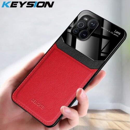 KEYSION Fashion Case for OPPO Find X3 Pro 5G Leather Mirror Tempered Glass Shockproof Phone Back Cover for OPPO Find X3 Lite