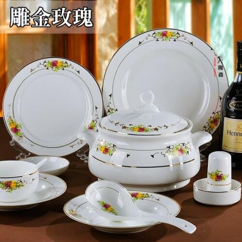 Jingdezhen carved Guci gold rose 56 pieces bone china tableware sets ceramic ware dishes sets bowls