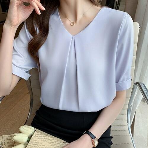 Elegant Pullovers Tops Shirts Women Chic Cuff Design Beaded White Shirts Work Wear V Neck Short Sleeve Female Blouse 2021 Summer