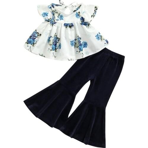 FOCUSNORM 2pcs Summer Lovely Baby Girls Clothes Sets 0-24M Floral Printed Ruffles Short Sleeve T Shirts Tops Velvet Flare Pants