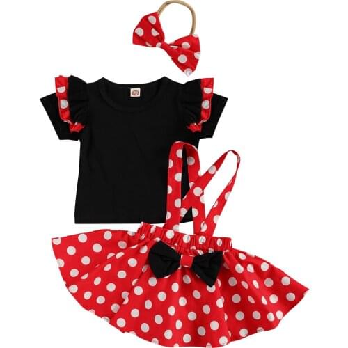 FOCUSNORM Lovely Summer Infant Kids Girls Clothes Sets 3pcs Polka Dot Ruffles Fly Sleeve T Shirts Tops Strap Dress Headband 0-3Y
