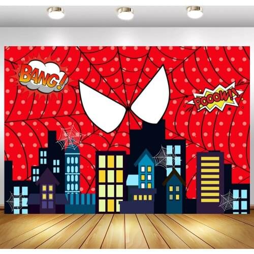Red Spider Net Big Eyes City Buildings Comics Photo Background Super Hero Kids Birthday Celebration Party Backdrops Photography