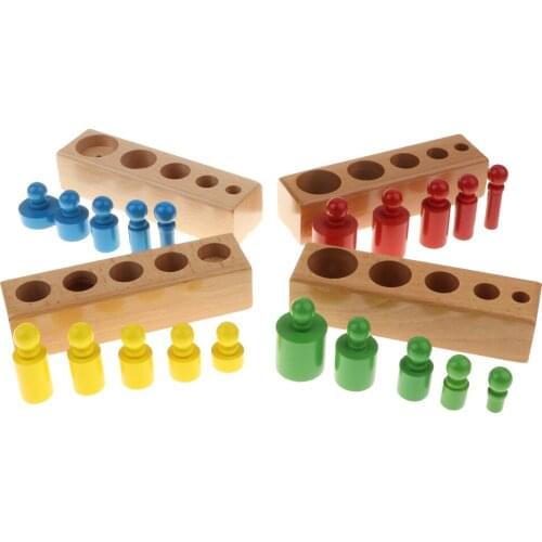 Set of 4 Montessori Teaching Wooden 20pcs Knobbed Cylinders Socket Block Montessori Educational Children Preschool Learning Toy