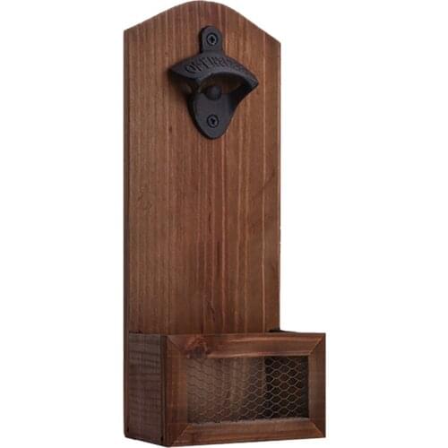 Wall Mounted Bottle Opener with Cap Catcher Vintage Wooden Beer Bottle Opener for Bar KitchenHome Deck Patio