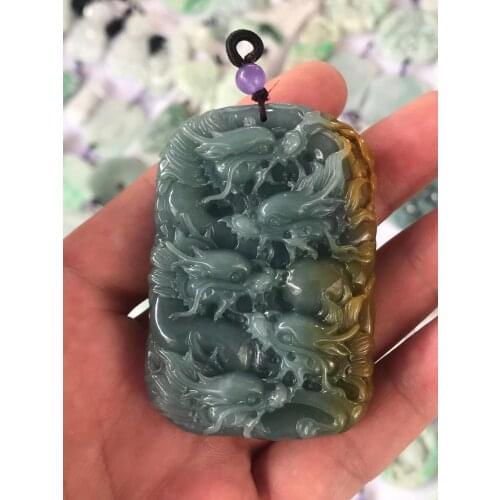 Natural Myanmar jade A HandCarved 9 dragon jadeite emperor green jade pendant jade necklace pendants jewelry jade necklaces