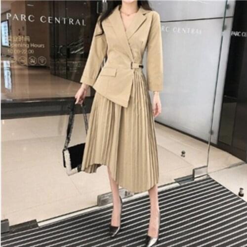 New 2020 Black Pleated OL Women Dress Fashion Spring Notched Collar High Waist Vestidos Vintage Slim Korean Female Dresses