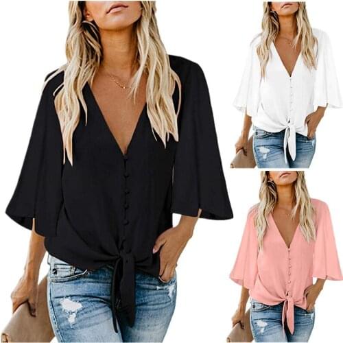 New Fashion Women Summer V Neck Tops Chiffon Blouses Button Down Shirts Loose Casual Tied Waist Elegant Cropped