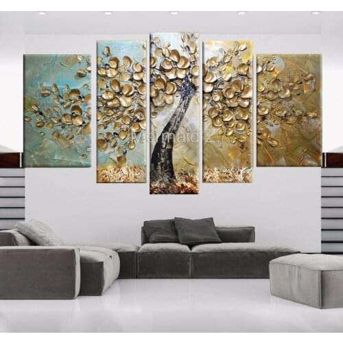 Hand Made Modern Glod Gustav Klimt Tree Of Life Abstract Oil Painting On Canvas Picture 5 Panel Wall Art Home Decoration set