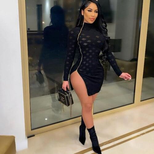 Sexy Side Split Zipper Bodycon Mini Dress Women Sheer Mesh Patchwork Hollow Out Sheath Night Club Party Wrap Dress Femme Robe