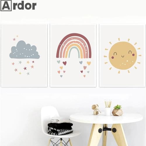 Nordic Rainbow Sun Cloud Wall Art Prints Heart Star Canvas Painting Baby Nursery Art Prints Modern Pictures Kids Girl Room Decor