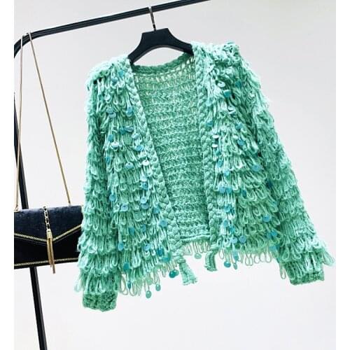 3D Hook Flowers Tassels Circles Sequins Knitted Cardigan Crocheted Beading Sweater Fringed Hollow Coat Tops Sueter Mujer 2019