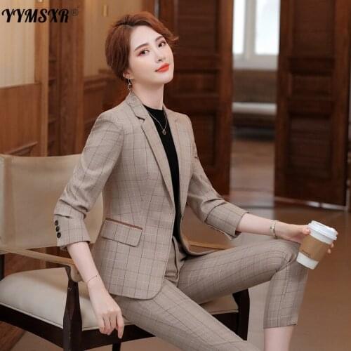 High-end Womens Business Wear Plaid Suit Pants 2-piece Suit Temperament Casual Long-sleeved Blazer Slim High-waist Trousers