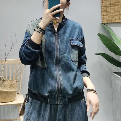 Women jackets Autumn New Casual All-match Denim Tops 2021 Ladies Coat Stand Zipper pocket Retro Denim jackets