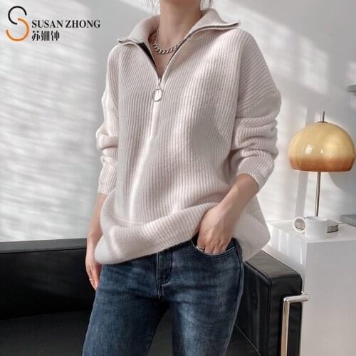 Women Pullovers Female Sweater Ladies Knitwear Tops Autumn Winter Zipper Stand Collar Drop Shoulder Loose Casual Office Wool
