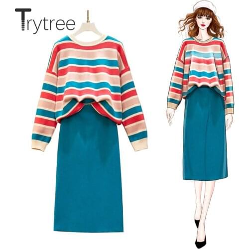 Trytree 2020 Autumn Winter Women Two Piece Set Casual O-neck Stripe Tops + Skirt Knitting Solid Fashion Office Lady 2 Piece Set
