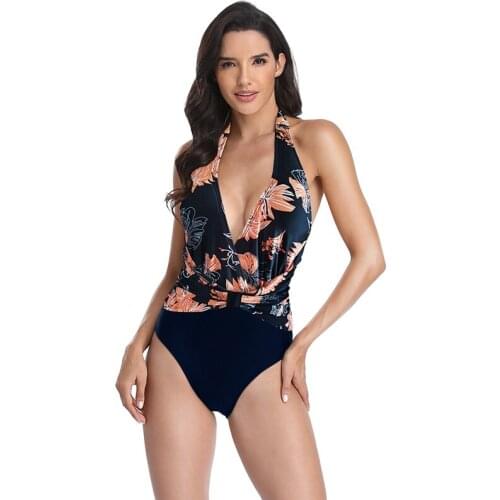 2021 New Sexy Swimsuit Women One Piece Printed High Waist Swimwear Ladys Split Body Beach Fashion Bathing Wear Blue