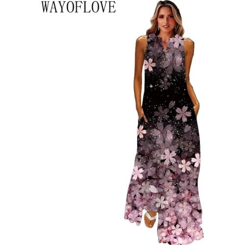 WAYOFLOVE Floral Print V Neck Dress Summer Holiday Beach Casual Elegant Vintage Dresses Woman Party Sleeveless Long Dress Women