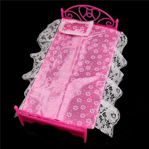 1set Pink Fashion Plastic Bed Bedroom Furniture For Dolls Dollhouse Girl Birthday Gift Dolls Accessories