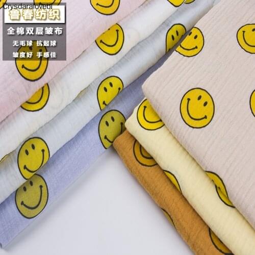 200*135cm Fabric Drape Cotton and Linen Double Gauze Crepe Baby Clothes Fabric Ladies Skirt Sleepwear Fabrics Smiley Face