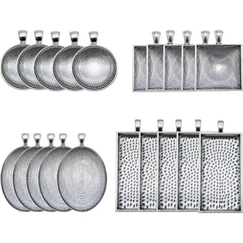4Sets Necklace Pendant Jewelry Making Tone Alloy Square Oval Round Rectangle Cameo Setting Tray And Glass PendantColor