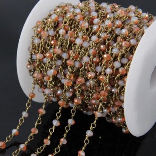 5Meter small titanium Orange White glass beads Faceted Rondelle Rosary Chains,Brass Plated links Chain loop necklace jewelry