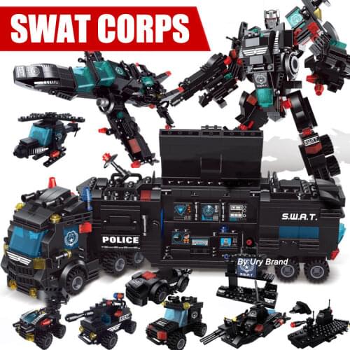 750pcs 8Dolls For DS Seller City Police Station Swat Team Military Building Blocks Car Deformation Robot Toys for Children Gifts