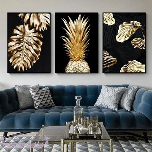 Abstract Golden Plant Leaf Pineapple Picture Nordic Black Background Poster Luxury Wall Art Canvas Painting Modern Home Decor