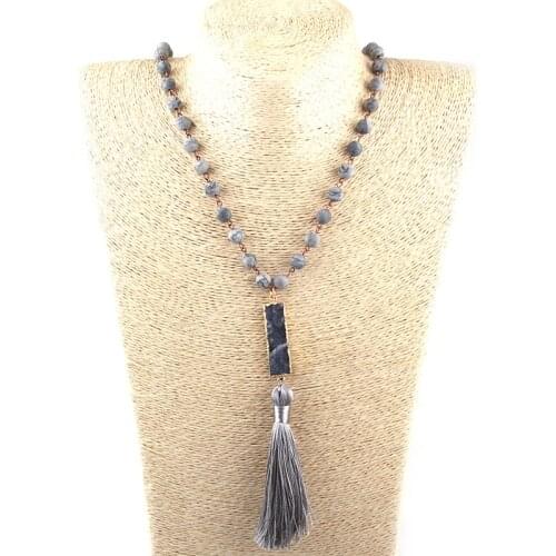 Free Shipping Fashion Frosted Semi Precious Stones Rosary Chain Rectangle Druzy Link Crystal Tassel Necklaces Ethnic Necklace
