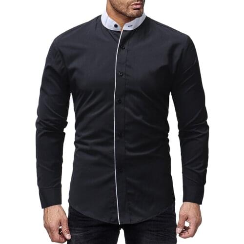 Brand 2018 Fashion Male Shirt Long-Sleeves Tops Pure Color Stand Collar Mens Dress Shirts Slim Men Shirt XXXL