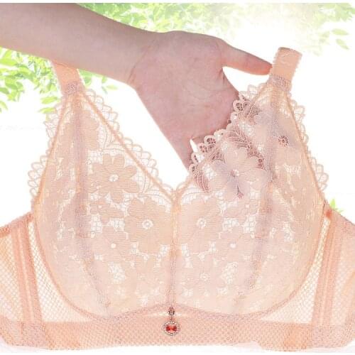 Large Size Bra Breathable Thin Lace Underwear Womens Full Cup Gathered Sponge-Free Rimless Bra F Sexy Bra wire free bra