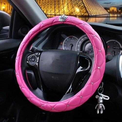 PU Leather Car Steering Wheel Cover Pink Car Decoration for Women Car Decoration Car Styling Bling Car Accessories for Girls