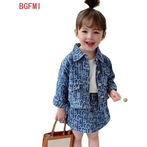 80-130cm Baby Girl Denim Jacket and Skirts 2pcs Sets for Toddler Kids Printed Long Sleeve Coat + Skirt Fashion Girls Jeans Suits