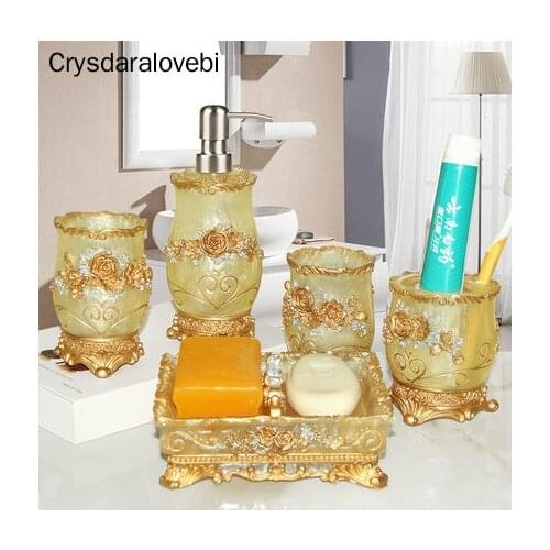 European Resin Bathroom Accessories Set Soap Dispenser Tooth Brush Holder Cup Soap Dish Tray Toothpick Holder 5pcs Bathroom Set