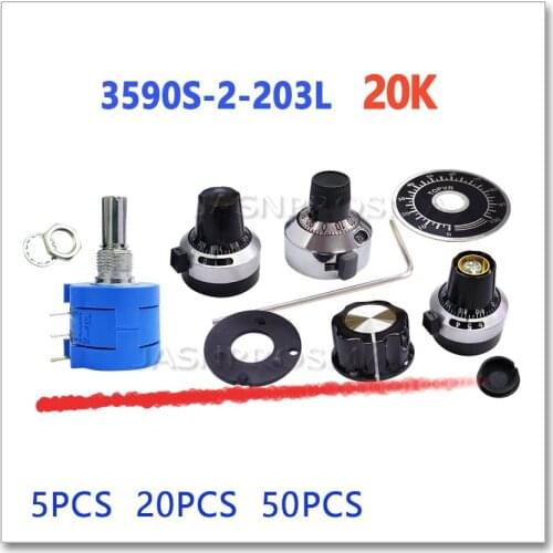 JASNPROSMA 5PCS 20PCS 50PCS 3590S-2-203L 20K Scale plastic iron copper knob Precision multi turn potentiometer 3590S 2 3590