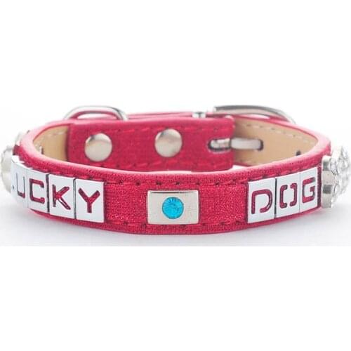"LUCKY DOG" Personalized Dog Collar Sapphire Leather Puppy Cat Pet Collars With Rhinestone Studed for Small Medium Dogs
