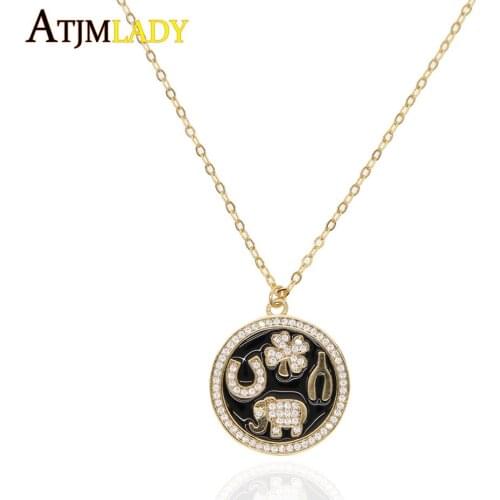 2019 lovely elephant horse shoe round coin pendant necklace with clear cz stone gold filled fashion women engraved party jewelry