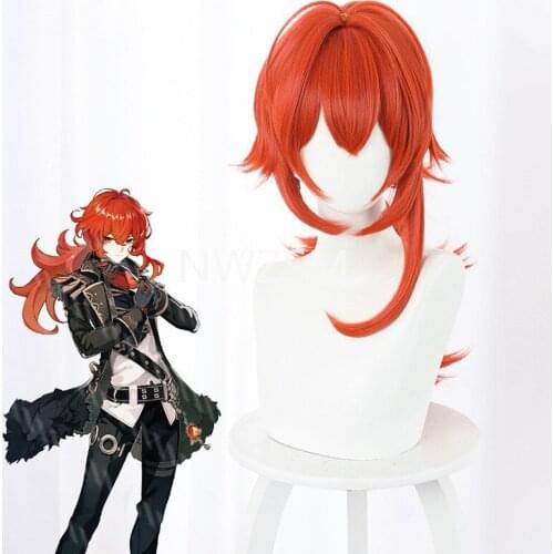 Genshin Impact Diluc Cosplay Diluc Ragnvindr Long Red Wig Cosplay Anime Cosplay Wigs Heat Resistant Synthetic Wigs Halloween