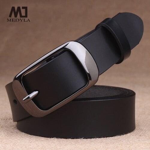 MEDYLA Womens Belt Genuine Leather Fashion Retro Belts High Quality Luxury Brand Ladies Alloy Buckle Casual Jeans Belt