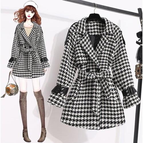 Woolen coat womens mid-length houndstooth plaid autumn and winter waist Hepburn style small woolen coat women coats