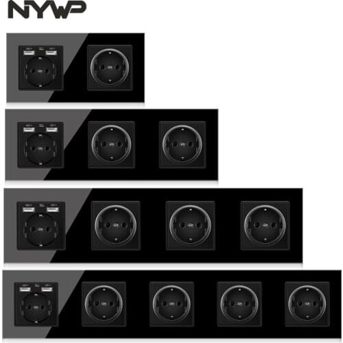 NYWP EU 3 frame power plug, 16a grounding power socket, with USB output, 258mm*86mm tempered glass panel black
